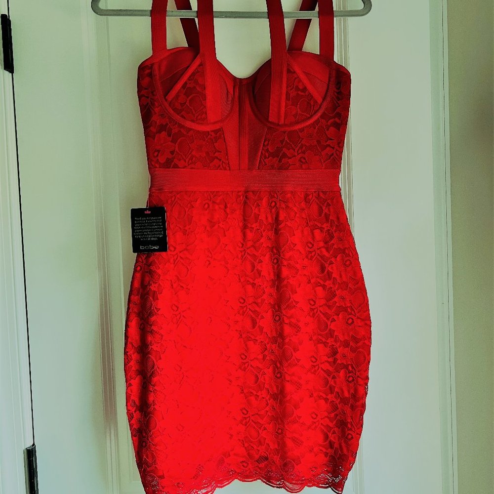 NWT Bebe Red Halter Lace Bandage Dress